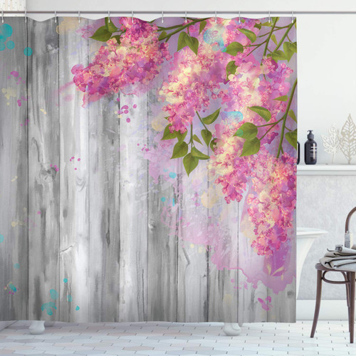 Ambesonne Flower Shower Curtain, Floral Watercolor Style Effect Branches of Lilac Bloom on Wooden Background Print, Cloth Fabric Bathroom Decor Set with Hooks, 69" W x 75" L, Grey Pink Ambesonne Flower Shower Curtain, Floral Watercolor Style Effect Branches of Lilac Bloom on Wooden Background Print, Cloth Fabric Bathroom Decor Set with Hooks, 69" W x 75" L, Grey Pink