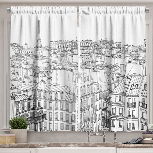 Ambesonne Paris Kitchen Curtains, Architecture Theme Design Illustration of Roofs in Paris and Eiffel Tower Print, Window Drapes 2 Panel Set for Kitchen Cafe Decor, 55" X 39", Red White