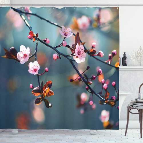 Ambesonne Nature Shower Curtain, Japanese Blooming Cherry Tree Flowers on Branch Sakura Theme Picture, Cloth Fabric Bathroom Decor Set with Hooks, 69" W x 70" L, Pale Pink Orange