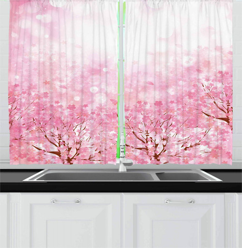Ambesonne Pale Pink Kitchen Curtains, Japanese Cherry Blossom Sakura Tree with Romantic Influence Nature Theme, Window Drapes 2 Panel Set for Kitchen Cafe Decor, 55" X 39", Baby Pink