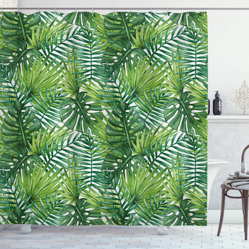 Ambesonne Leaf Shower Curtain, Tropical Exotic Banana Forest Palm Tree Leaves Watercolor Design Image, Cloth Fabric Bathroom Decor Set with Hooks, 69" W x 70" L, Pale Green Dark Green