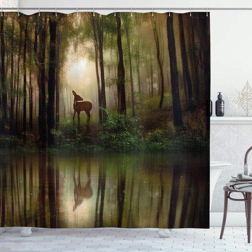 Ambesonne Nature Shower Curtain, Deer in The Forest Reflection on Lake Foggy Woodland Graphic, Cloth Fabric Bathroom Decor Set with Hooks, 69" W x 84" L, Fern Green Brown Cocoa