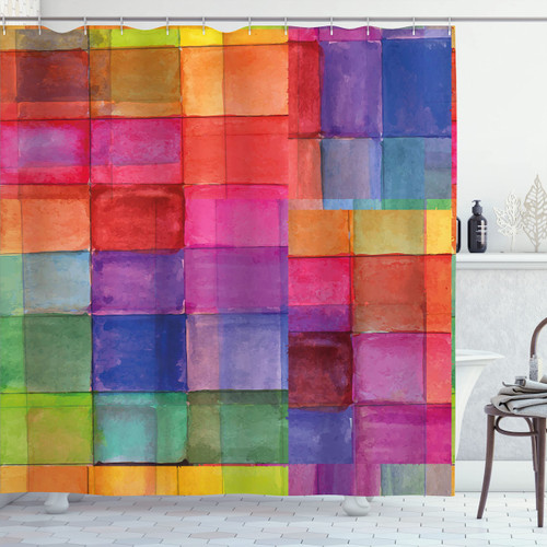 Ambesonne Abstract Shower Curtain, Rainbow Colored Geometric Square Shaped with Blurry Hazy Effects Watercolor Design, Cloth Fabric Bathroom Decor Set with Hooks, 69" W x 75" L, Multicolor