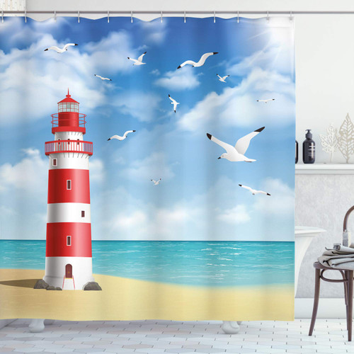 Ambesonne Beach Shower Curtain, Realistic Illustration Lighthouse on Calm Seashore Flying Seagulls Ocean Scenery, Cloth Fabric Bathroom Decor Set with Hooks, 69" W x 75" L, Vermilion Blue