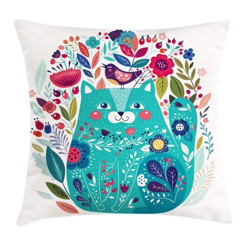 Ambesonne Cat Throw Pillow Cushion Cover, Kitty Surrounded by Birds Flowers Ladybugs Inspirational Folk Theme, Decorative Square Accent Pillow Case, 24" X 24", Multicolor Seafoam