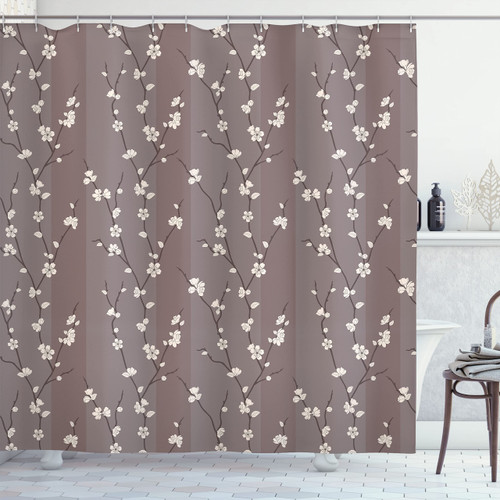 Ambesonne Floral Shower Curtain, Spring Cherries Flowers on Branches Japanese Sakura Theme Illustration, Cloth Fabric Bathroom Decor Set with Hooks, 69" W x 70" L, Warm Taupe