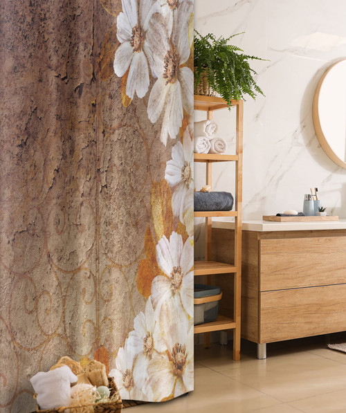 Ambesonne Grunge Stall Shower Curtain, Flowers and Leaves Pattern on Cracked Wall with Floral Lines Classic Design, Fabric Bathroom Decor Set with Hooks, 36" W x 72" L, White Brown