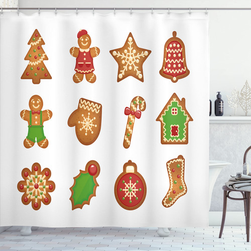 Ambesonne Gingerbread Man Shower Curtain, Various Biscuits in Different Shapes Delicious Bakery Goodies, Cloth Fabric Bathroom Decor Set with Hooks, 69" W x 70" L, Pale Brown Green Red