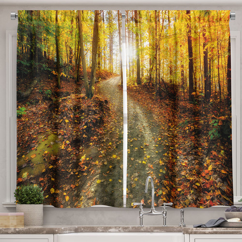 Ambesonne Fall Kitchen Curtains, Inspirational Early Morning View in The Woods with Rising Sun Idyllic Park Wilderness, Window Drapes 2 Panel Set for Kitchen Cafe Decor, 55" X 39", Green Yellow
