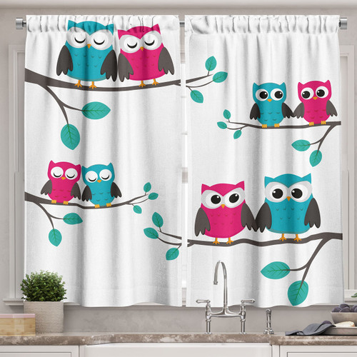 Ambesonne Cartoon Kitchen Curtains, Couples of Owls Sitting on Spring Branches Funny Characters, Window Drapes 2 Panel Set for Kitchen Cafe Decor, 55" x 39", Turquoise Blue Pink