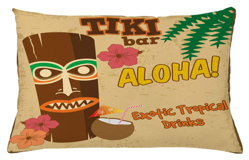Ambesonne Tiki Bar Throw Pillow Cushion Cover, Polynesian with Tropical Drink Retro Typography and Flora Old Aged Design, Decorative Rectangle Accent Pillow Case, 26" X 16", Beige Brown