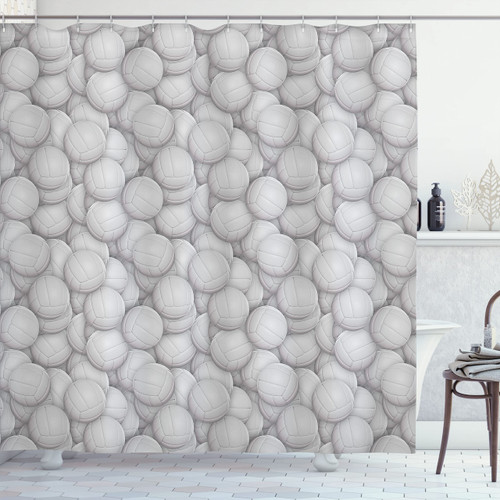 Lunarable Volleyball Shower Curtain, 3 Dimensional White Balls Sports Equipment Digital Composition Team Event, Cloth Fabric Bathroom Decor Set with Hooks, 69" W x 70" L, Pale Grey