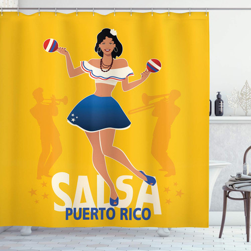 Lunarable Puerto Rico Shower Curtain, Salsa Dancing Girl with Maracas Trombonist and Trumpeter Silhouette on Backdrop, Cloth Fabric Bathroom Decor Set with Hooks, 69" W x 70" L, Multicolor