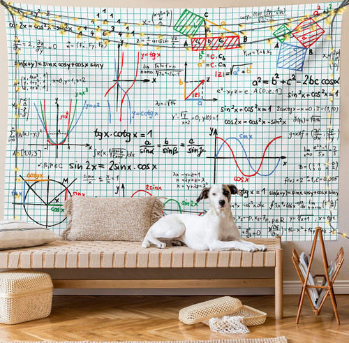 Lunarable Mathematics Room Tapestry King Size, Algebra Studies Lesson Notebook Page Sketches Formula Design Print, Wall Hanging Bedspread Bed Cover Wall Decor, King Size, Multicolor