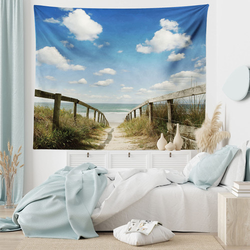 Lunarable Beach Tapestry Queen Size, Sandy Path Leads to Ocean Pacific Puffy Clouds Vacation Serene Relaxing Beach, Wall Hanging Bedspread Bed Cover Wall Decor, Queen Size, Cream Blue White