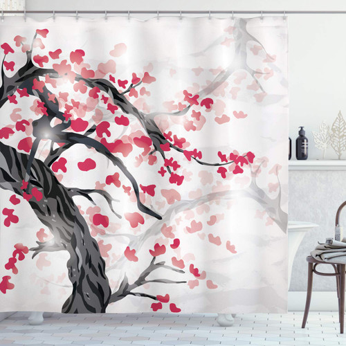Lunarable Japanese Shower Curtain, Sakura Tree Cherry Blossoms in Japanese Style Garden Abstract Image, Cloth Fabric Bathroom Decor Set with Hooks, 69" W x 75" L, White Brown