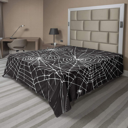 Lunarable Spiderweb Flat Sheet, Greyscale Halloween Style Web Design Composition Scary Themes Print, Soft Comfortable Top Sheet Decorative Bedding 1 Piece, Queen Size, Charcoal White