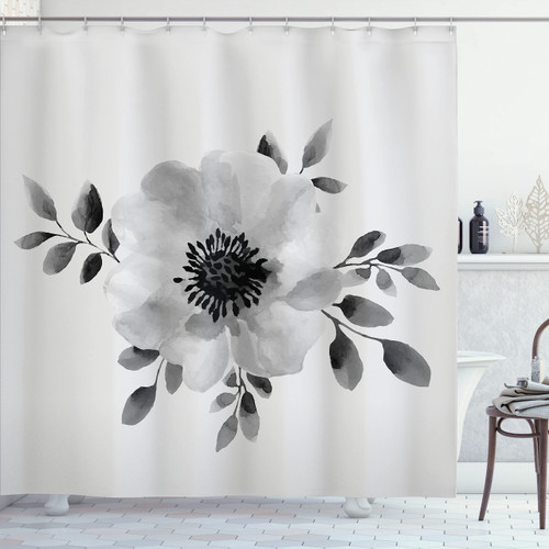 Ambesonne Flower Shower Curtain, Watercolor Image of Single Plant and Leaves Abstract Botany Design Modern Artwork, Cloth Fabric Bathroom Decor Set with Hooks, 69" W x 70" L, Pale Grey