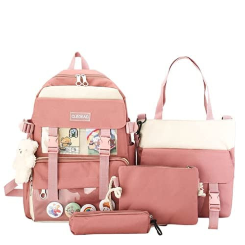 Kawaii Backpack Casual Bags Cute Aesthetic Backpacks with badge and pendant, shoulder bag, pencil case, handbag (Pink)