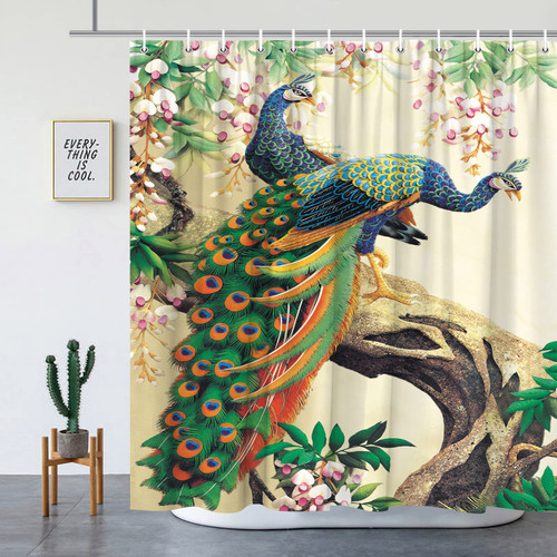 YNKHTEW Peacocks Shower Curtains Spring Flower Colorful Beautiful Bird Floral Plant Scenery Pattern Bathroom Decor Polyester Cloth Hanging Curtain Set Include Hooks 70 x 70 Inch