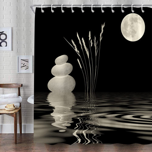 Dvikvmo Zen Stone Shower Curtain Moon Wild Grass Reflection in Water Spa Theme, Asian Meditation Black Fabric Bathroom Set Hooks 70'Wx70'