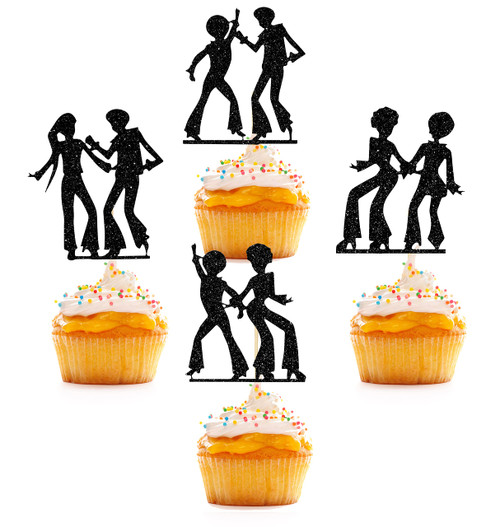Disco Dancers Cupcake Toppers Black Glitter 12 Pieces, Disco Cupcake Topper, 70's Disco Dancing Cake Topper, Disco Party Decorations, Disco Hip Hop Music Disco Ball Dance Birthday Party Decorations