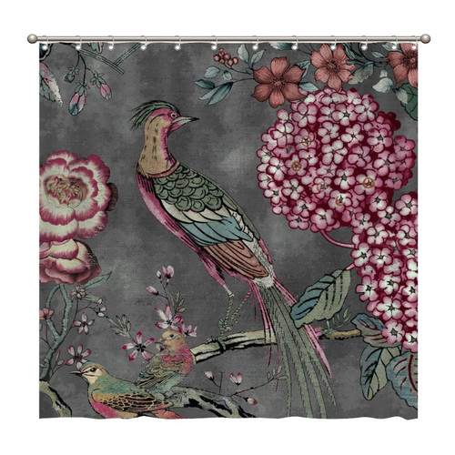 Charcoal Chinoiserie Bird Shower Curtains 72x72 Inch Polyester Fabric Bathroom Shower Curtains with Hooks Durable Waterproof Shower Curtains for Bathroom Bathtub Home Decoration