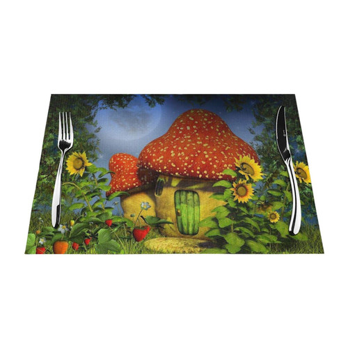 Fantasy Mushroom Sunflowers Placemats Set Woven Placemats for Dining Table Heat Resistant Place Mats Non-Slip Washable PVC Table Mats for Home Kitchen Weddings Holiday Party Decor
