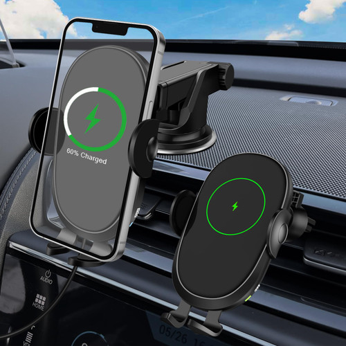 Wireless Car Charger,15W Fast Charging Auto Clamping Car Charger Phone Mount Windshield Dashboard Air Vent Car Phone Holder Fit for iPhone 14 13 12 11 Pro Max Xs,Samsung Galaxy S23 Ultra S22 S21 etc