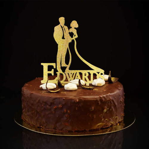 Mr & Mrs Wedding Anniversary Cake Topper Silhouette Personalized Surname Wedding Date Romance Bride And Groom Cake Toppers For Wedding Engagement Cake Decorations Wedding Gifts For Couple Glitter Gold