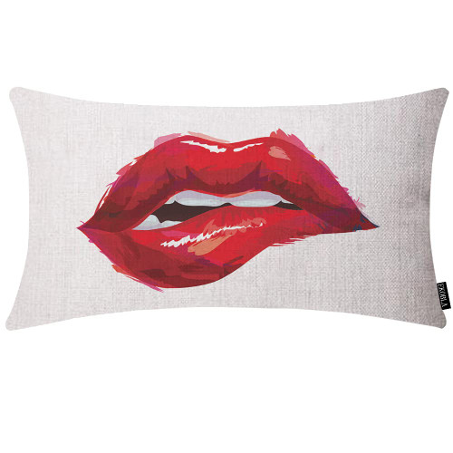 EKOBLA Sexy Biting Lips Farmhouse Oblong Rectangle Throw Pillow Covers Woman Red Lipstick Makeup Beauty Square Decorative Cushion Case for Couch Sofa Chair Bed Cotton Linen 12x20 Inch