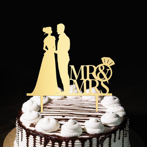 Retro Mr And Mrs Rustic Wedding Engagement Cake Toppers Silhouette Gold Bride & Groom Cake Topper Customize For Engagement Bride To Be Party Favors Bridal Shower Gifts
