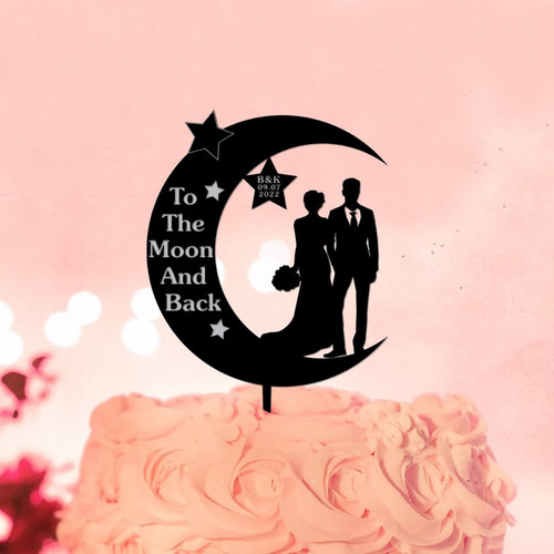 To The Moon And Back Moon Cake Topper Wedding Mr & Mrs Cake Toppers Silhouette Customize Initials Date Stars Elegant Bride And Groom Cake Topper For Wedding Party Decor Wedding Gifts Acrylic Black