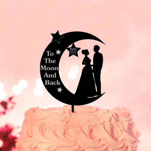 To The Moon And Back Moon Cake Topper Elegant Mr And Mrs Rustic Wedding Engagement Cake Toppers Silhouette Stars Bride & Groom Cake Toppers Custom Initials Date For Wedding Cake Decorations