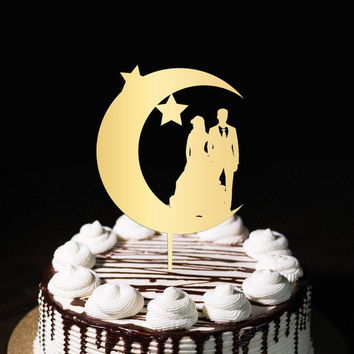 Moon Mr & Mrs Wedding Anniversary Cake Toppers Silhouette Custom Stars Retro Mr & Mrs Silhouette Cake Toppers For Engagement Bride To Be Cake Decorations Bridal Shower Gifts Gold