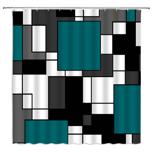 YSATNSFT Abstract Geometric Shower Curtain Dark Teal Black Gray Geometry Squares 3D Contemporary Fashion Simple Home Fabric Bathroom Decor Set Include Hooks,70" WX70 H