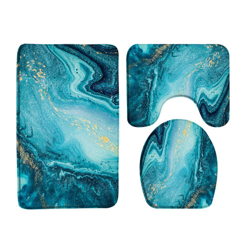 Turquoise Marble Texture Bath Mat Teal Gold Blue Mable Granite Natural Luxury Abstract Geometry Bathroom Rugs,3 Pieces Bath Rug Sets,17.8"x29.5"Bath Mat,Toilet Seat Cover,U-Shaped Toilet