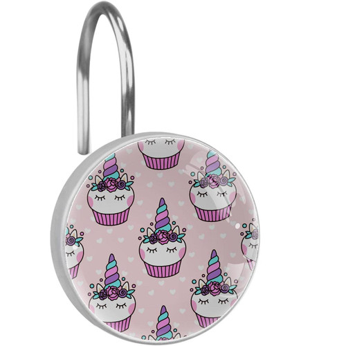 Cute Unicorn Cupcake Pattern Decorative Shower Curtain Hooks, Stainless Steel Shower Hook Rings for Bathroom, Crystal Glass Shower Curtain Rings Hanger, Set of 12