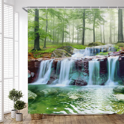 PZMPZM Scenic Waterfall Shower Curtain Nature Green Forest Tree Spa Water Lake Landscape Misty Jungle Rainforest Green Rustic Jungle Bathroom Polyester Fabric Decor Set with Hooks 83Wx70H inch