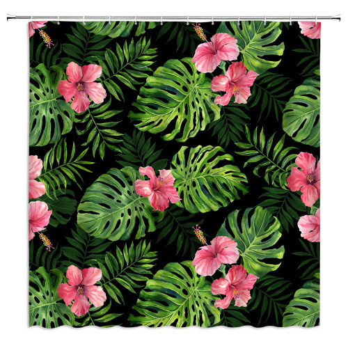 HYKHYK Tropical Leaf Shower Curtain Palm Leaves Watercolor Pink Flower Monstera Hibiscus Floral Green Plant Hawaiian Home Decor Bathroom Fabric Set with Hooks(70" WX70 H)