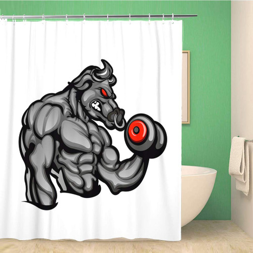 Awowee Bathroom Shower Curtain Aggressive a Strong Angry Bull with Barbell Animal Artwork Athletic Polyester Fabric 72x72 inches Waterproof Bath Curtain Set with Hooks