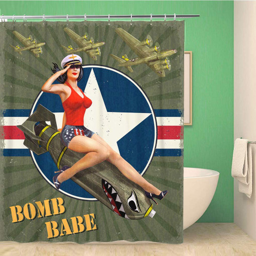 Awowee Bathroom Shower Curtain Military Vintage Pin Up Girl on Bomb Retro American War Polyester Fabric 72x72 inches Waterproof Bath Curtain Set with Hooks