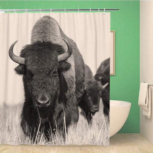 Awowee Bathroom Shower Curtain Head American Bison Buffalo in Sepia The Herd of Shot Polyester Fabric 72x72 inches Waterproof Bath Curtain Set with Hooks