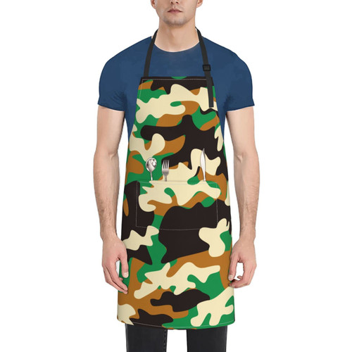 Unisex Bib Apron Woodland Camouflage Camping Waterproof Kitchen Cooking Aprons With 2 Pockets
