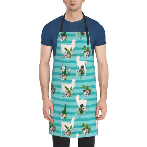 Unisex Bib Apron Funny Llama Cactus Blue Waterproof Kitchen Cooking Aprons With 2 Pockets