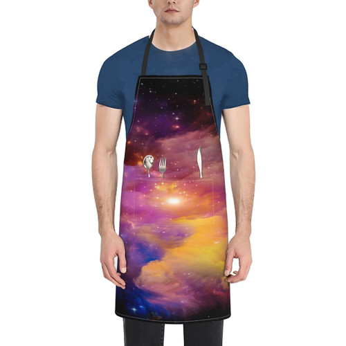 Unisex Bib Apron Pink Starry Sky Waterproof Kitchen Cooking Aprons With 2 Pockets