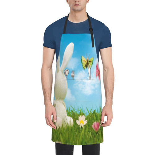 Unisex Bib Apron Easter Bunny Coloured Eggs Butterfly Waterproof Kitchen Cooking Aprons With 2 Pockets