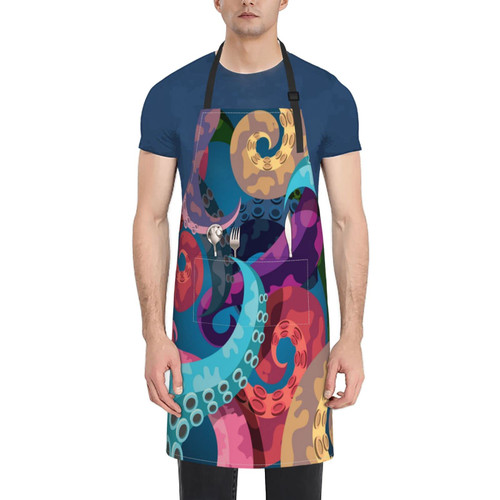 Unisex Bib Apron Colorful Rainbow Octopus Waterproof Kitchen Cooking Aprons With 2 Pockets