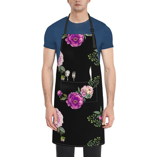 Unisex Bib Apron Watercolor Purple Floral Roses Waterproof Kitchen Cooking Aprons With 2 Pockets