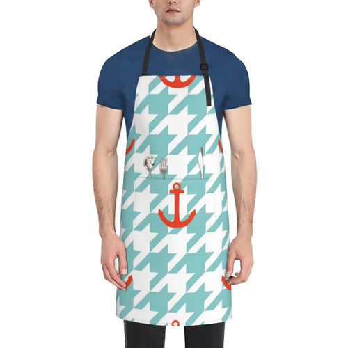 Unisex Bib Apron Anchor Houndstooth Blue Plaid Waterproof Kitchen Cooking Aprons With 2 Pockets